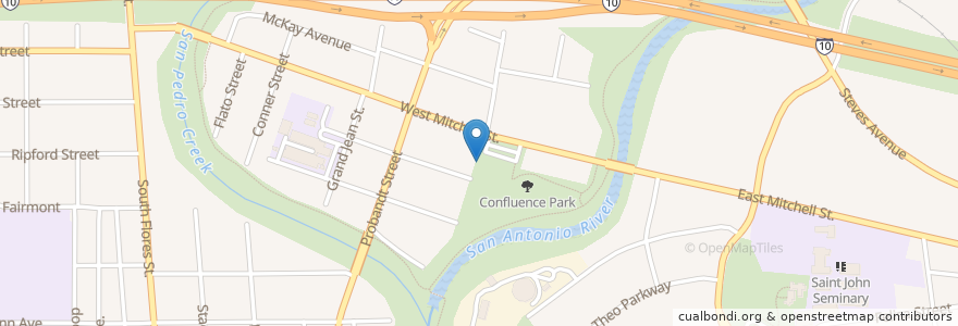 Mapa de ubicacion de Confluence Park SWell Cycle en Amerika Syarikat, Texas, Bexar County, San Antonio.