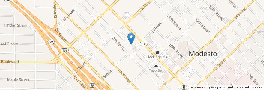 Mapa de ubicacion de Modesto Greyhound Bus Station en Vereinigte Staaten Von Amerika, Kalifornien, Stanislaus County, Modesto.