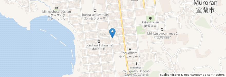 Mapa de ubicacion de 本町会館 en Japan, Hokkaido Prefecture, Iburi Subprefecture, Muroran.