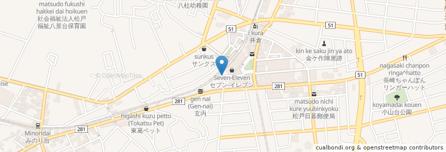 Mapa de ubicacion de フラワー薬局 en Japan, Chiba Prefecture, Matsudo.