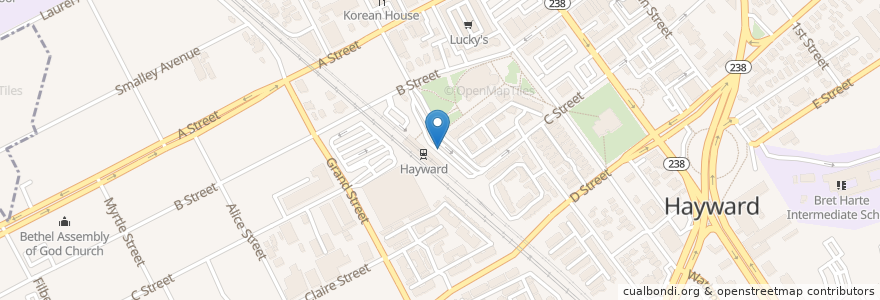 Mapa de ubicacion de Hayward BART en ایالات متحده آمریکا, کالیفرنیا, شهرستان آلامدا، کالیفرنیا, Hayward.