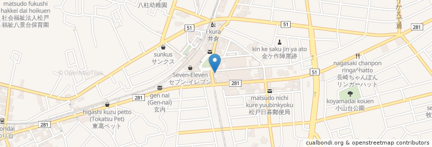 Mapa de ubicacion de マツモトキヨシ en Jepun, 千葉県, 松戸市.