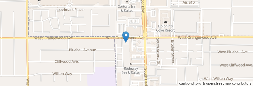 Mapa de ubicacion de The Cave Sports Bar en Amerika Birleşik Devletleri, Kaliforniya, Orange County, Anaheim.