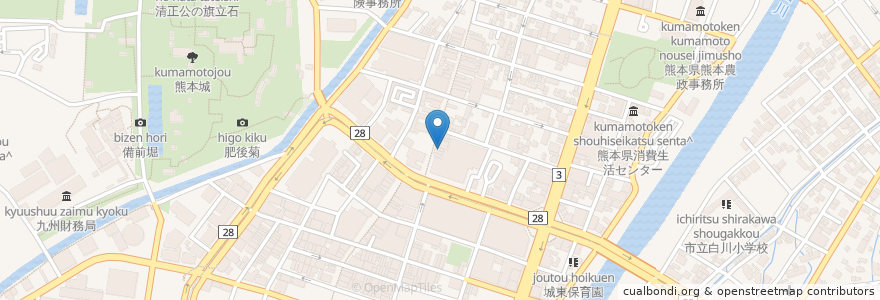Mapa de ubicacion de 賀茂川 en اليابان, 熊本県, 熊本市, 中央区.