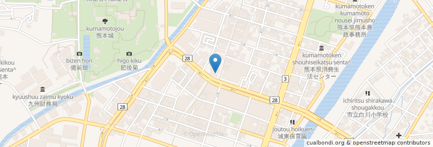 Mapa de ubicacion de 岡田珈琲 en Japonya, 熊本県, 熊本市, 中央区.