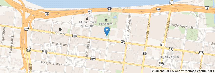 Mapa de ubicacion de LouVelo Station - 5th and Main en الولايات المتّحدة الأمريكيّة, كنتاكي, مقاطعة جفرسون, Louisville.