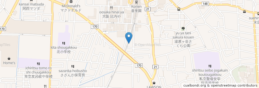 Mapa de ubicacion de Pine's Cafe 香里園 en 日本, 大阪府, 寝屋川市.
