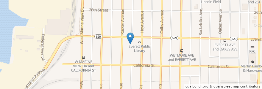 Mapa de ubicacion de Everett Public Library en 미국, 워싱턴, Snohomish County, Everett.