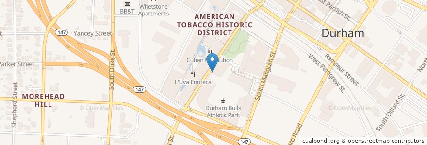 Mapa de ubicacion de The Bullpen en Vereinigte Staaten Von Amerika, Nord-Carolina, Durham County, Durham.