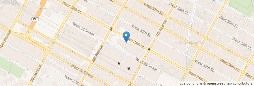 Mapa de ubicacion de Penn station en الولايات المتّحدة الأمريكيّة, نيويورك, New York, New York County, Manhattan, Manhattan Community Board 5, Manhattan Community Board 4.