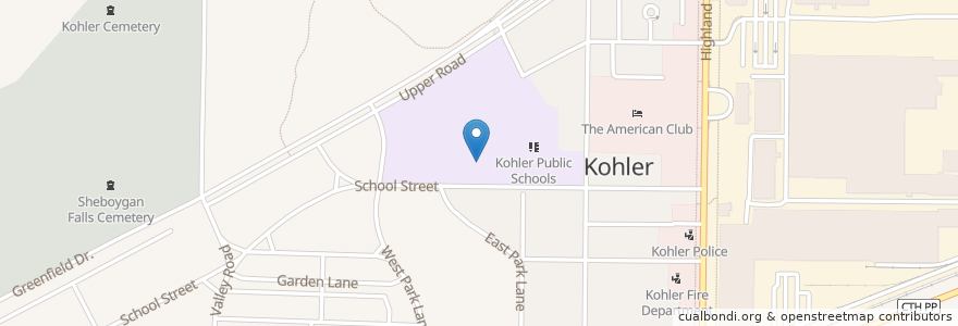 Mapa de ubicacion de Kohler Memorial Theater en 美利坚合众国/美利堅合眾國, 威斯康星州 / 威斯康辛州, Sheboygan County, Kohler.
