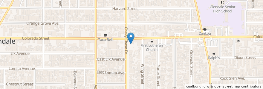 Mapa de ubicacion de Burger King en アメリカ合衆国, カリフォルニア州, Los Angeles County, Glendale.