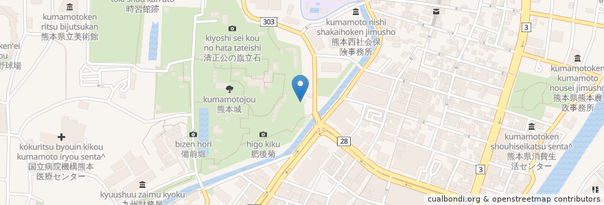 Mapa de ubicacion de 緋袍稲荷大明神 en ژاپن, 熊本県, 熊本市, 中央区.