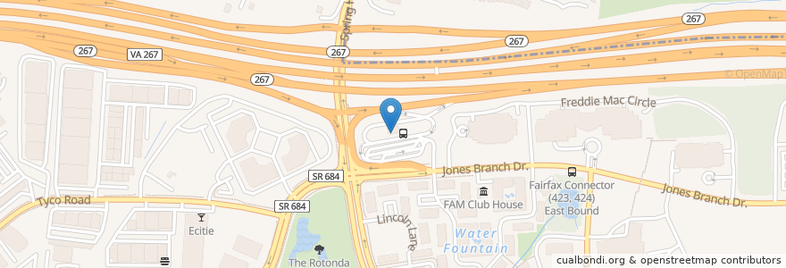 Mapa de ubicacion de Tysons West Transit Center en 美利坚合众国/美利堅合眾國, 弗吉尼亚州 / 維吉尼亞州 / 維珍尼亞州, Fairfax County.