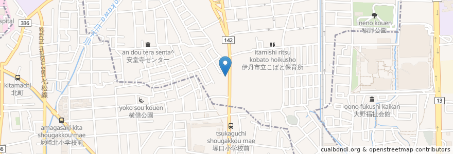 Mapa de ubicacion de 尼崎信用金庫 en Япония, Хёго, 伊丹市, 尼崎市.