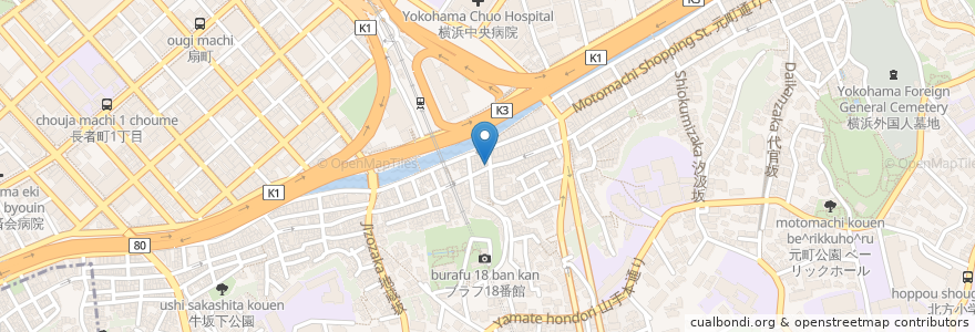 Mapa de ubicacion de 天咲 元町店 en Japón, Prefectura De Kanagawa, Yokohama, Barrio Naka.