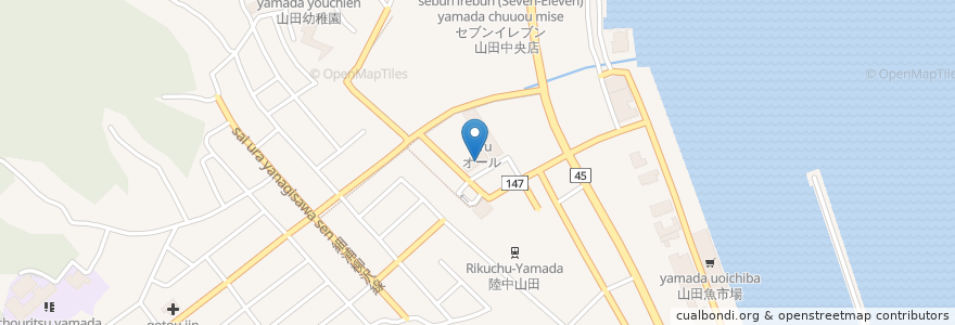 Mapa de ubicacion de めん処・居酒屋　六もん en Jepun, 岩手県, 下閉伊郡, 山田町.