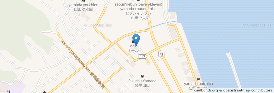 Mapa de ubicacion de 岩手銀行 en Japan, 岩手県, 下閉伊郡, 山田町.