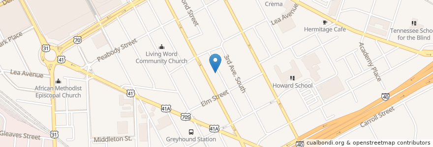 Mapa de ubicacion de Listening Room Cafe en États-Unis D'Amérique, Tennessee, Nashville-Davidson.