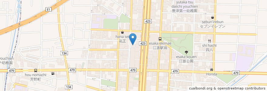 Mapa de ubicacion de 宮崎地鶏炭火焼 車 en Japonya, 大阪府, 吹田市.