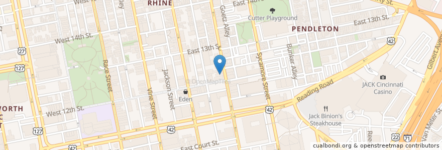 Mapa de ubicacion de Aladdin’s Eatery + Lounge en 미국, 오하이오 주, Hamilton County, Cincinnati.