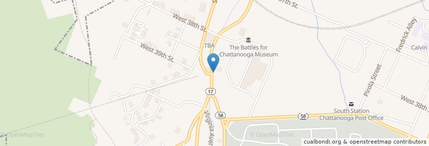 Mapa de ubicacion de Mr. T's Pizza and Ice Cream en United States, Tennessee, Hamilton County, Chattanooga.