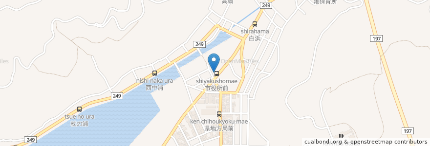 Mapa de ubicacion de 八幡浜黒湯温泉;みなと湯 en اليابان, 愛媛県, 八幡浜市.