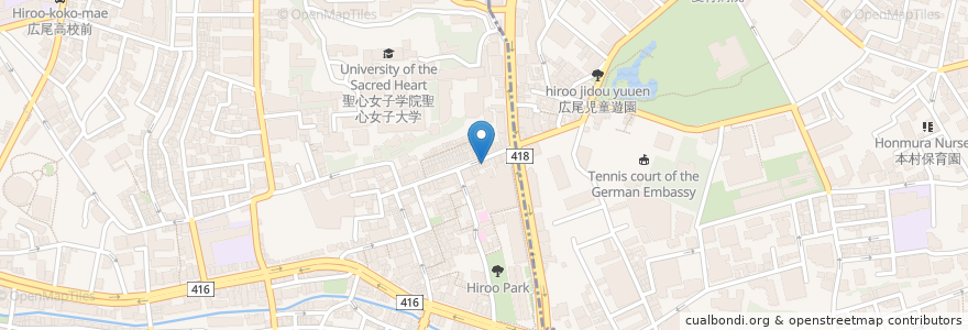 Mapa de ubicacion de めだかのがっこう en Japonya, 東京都, 港区, 広尾.