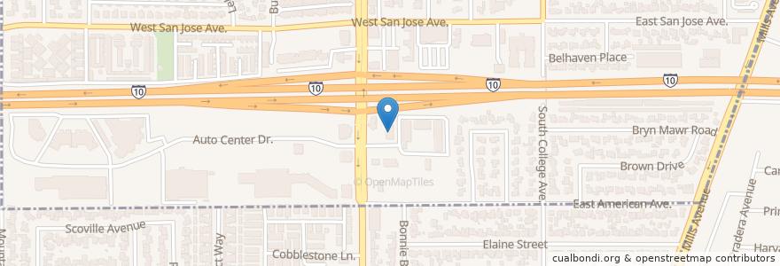 Mapa de ubicacion de Denny's en 美利坚合众国/美利堅合眾國, 加利福尼亚州/加利福尼亞州, 洛杉矶县, Claremont.