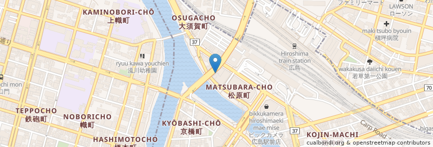 Mapa de ubicacion de つけ麺本舗 辛部 広島駅前店 en 일본, 히로시마현, 広島市, 南区.
