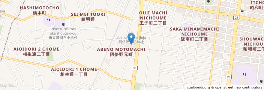 Mapa de ubicacion de 願掛け御烏（カラス）大神 en Japão, 大阪府, 大阪市, 阿倍野区.
