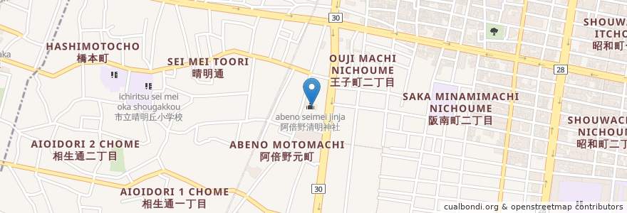 Mapa de ubicacion de 安倍晴明神社 en 日本, 大阪府, 大阪市, 阿倍野区.
