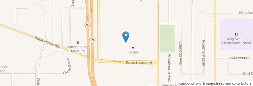 Mapa de ubicacion de Starbucks en Amerika Birleşik Devletleri, Kaliforniya, Sutter County, Yuba City.