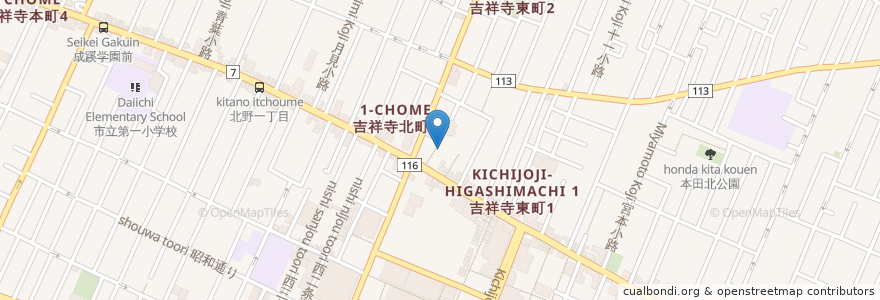 Mapa de ubicacion de 厳島神社 稲荷神社 須賀神社 疱瘡神社 三島神社 出雲神社 大鳥神社 en Japón, Tokio, Musashino.