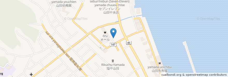Mapa de ubicacion de うみねこ温泉;湯らっくす（Ｐ無） en Japonya, 岩手県, 下閉伊郡, 山田町.