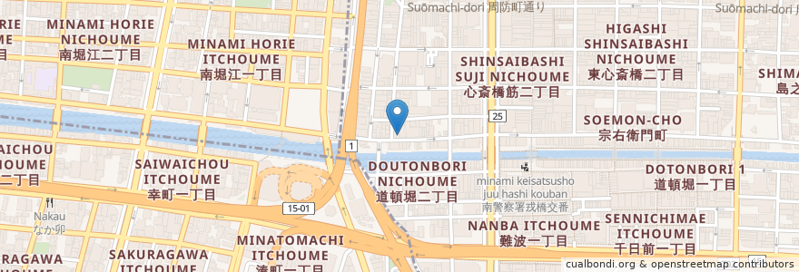 Mapa de ubicacion de Hakata motsunabe oyama Shinsaibashi en Japonya, 大阪府, 大阪市, 中央区.