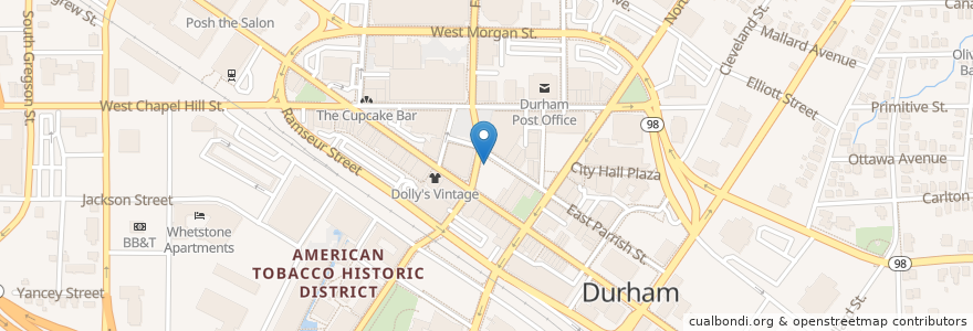 Mapa de ubicacion de Bulldega Urban Market en Amerika Syarikat, Carolina Utara, Durham County, Durham.