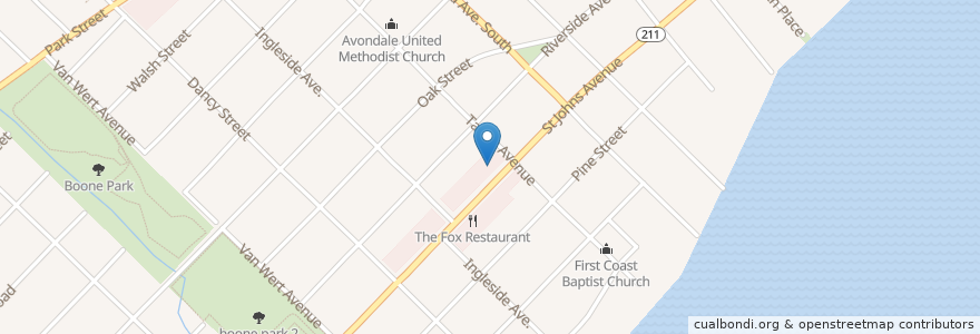 Mapa de ubicacion de Blue Fish Oyster Bar en 미국, 플로리다주, Duval County, 잭슨빌.