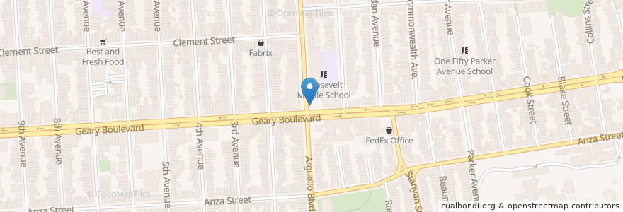 Mapa de ubicacion de SF-G13 Arguello at Geary Boulevard en アメリカ合衆国, カリフォルニア州, サンフランシスコ, San Francisco.