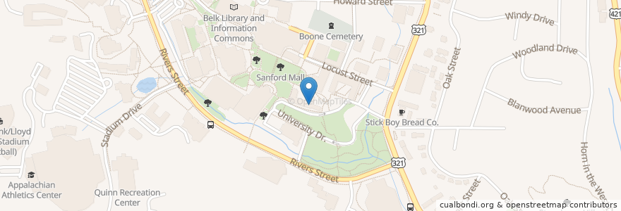 Mapa de ubicacion de Philosophy & Religion Academic Lounge en United States, North Carolina, Watauga County, Boone.