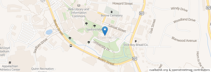 Mapa de ubicacion de I.G. Greer Auditorium en アメリカ合衆国, ノースカロライナ州, Watauga County, Boone.