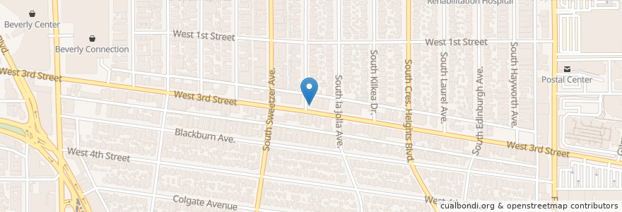 Mapa de ubicacion de toast bakery cafe en Amerika Birleşik Devletleri, Kaliforniya, Los Angeles County, Los Angeles.