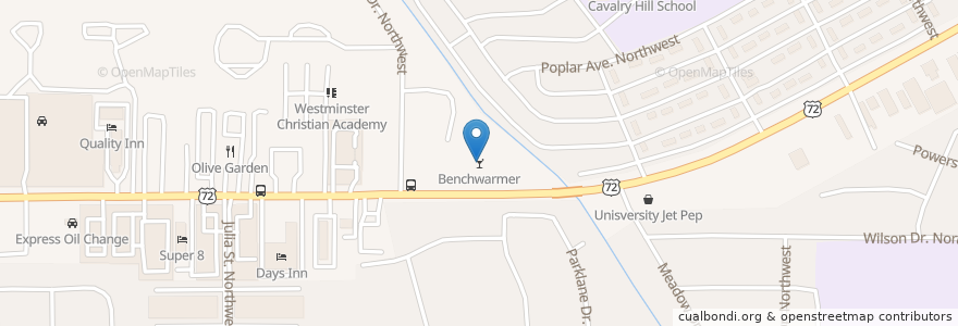 Mapa de ubicacion de Benchwarmer en Amerika Birleşik Devletleri, Alabama, Huntsville, Madison County.