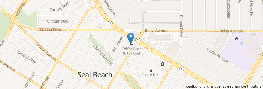 Mapa de ubicacion de Coffee Been & Tea Leaf en 미국, 캘리포니아주, Orange County, Seal Beach.