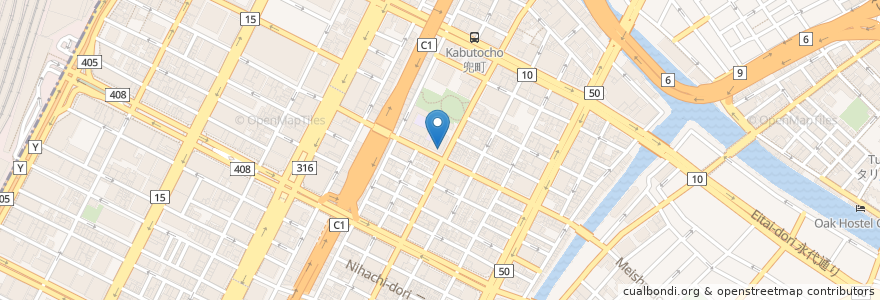 Mapa de ubicacion de くすりの福太郎 en اليابان, 東京都, 中央区.