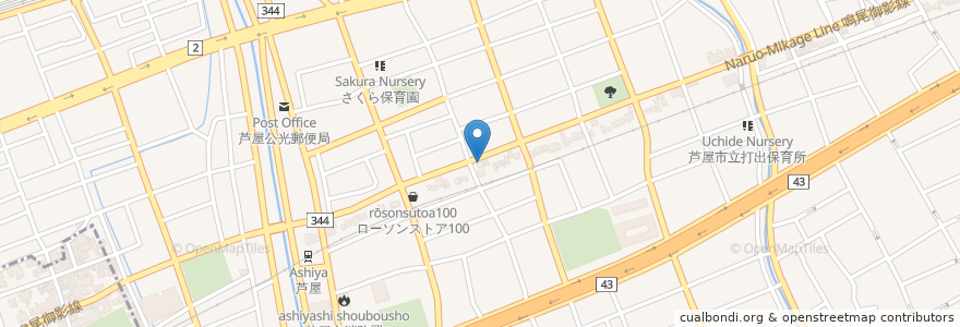 Mapa de ubicacion de もも焼き かわむら en 日本, 兵庫県, 芦屋市.