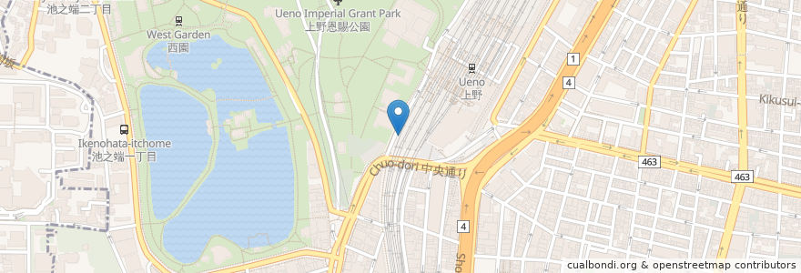 Mapa de ubicacion de トラットリアピノーロ上野 en Japonya, 東京都, 台東区.