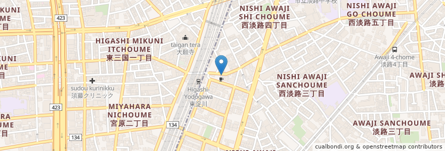 Mapa de ubicacion de BAR QUADRIFOGLIO en Japan, Präfektur Osaka, 大阪市, 淀川区.