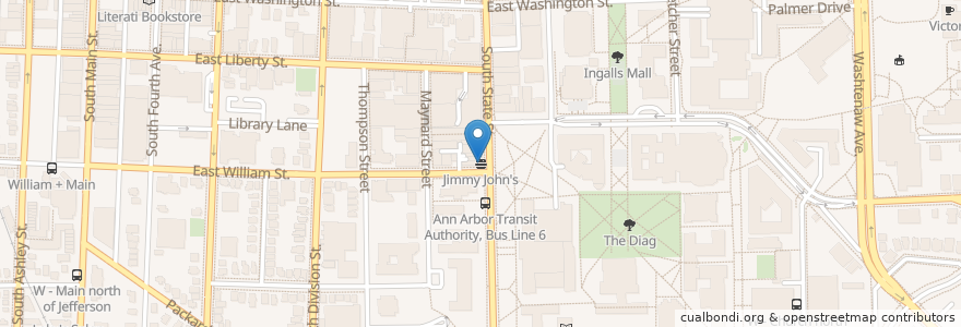 Mapa de ubicacion de Jimmy John's en الولايات المتّحدة الأمريكيّة, ميشيغان, Washtenaw County, Ann Arbor.