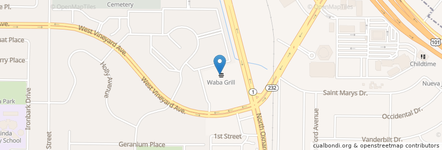 Mapa de ubicacion de Waba Grill en 미국, 캘리포니아주, Ventura County, Oxnard.